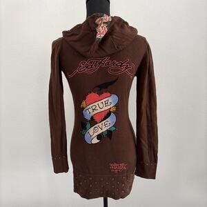 Ed Hardy Vintage Y2K Zip Hoodie True Love Punk Studs Long Sweater Brown Sz Small